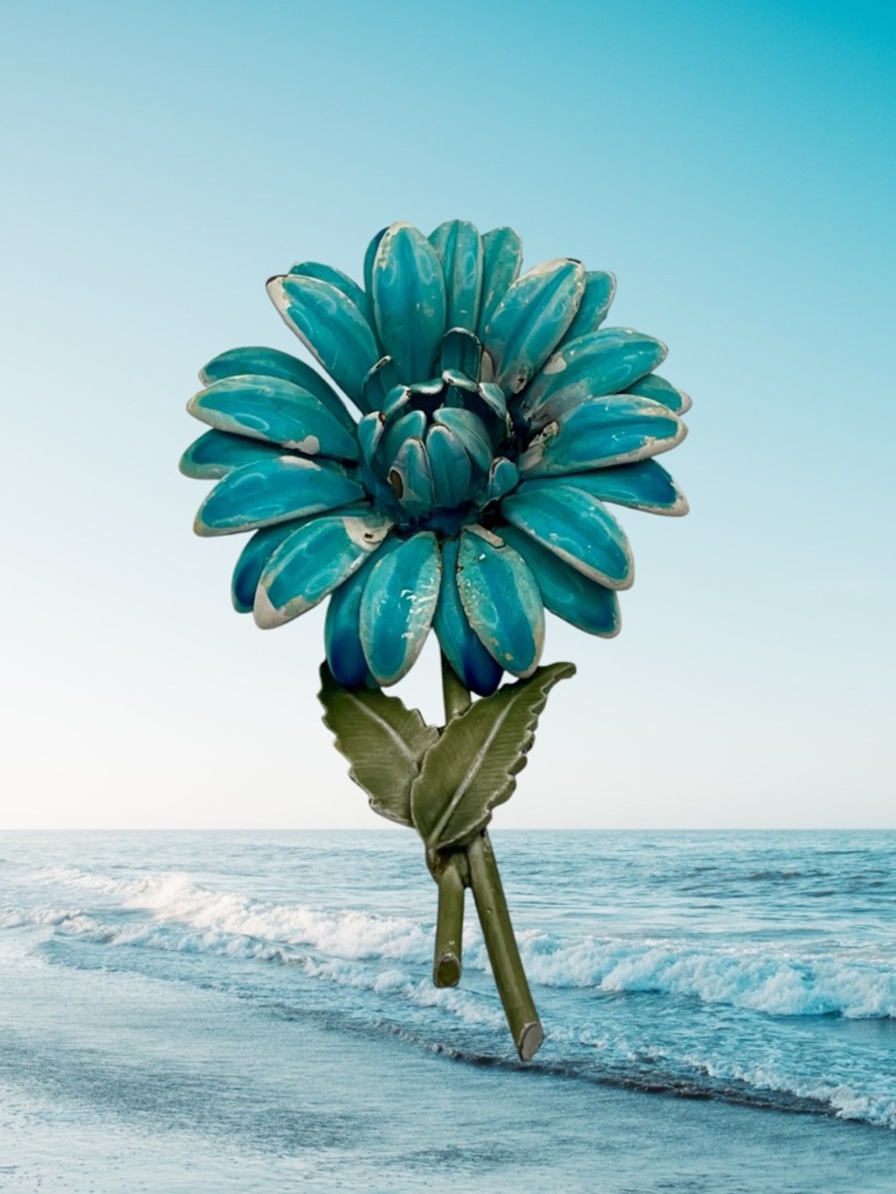 Large Vibrant Vintage Dimensional Aqua Enamel Metal Flower Brooch Mid Century